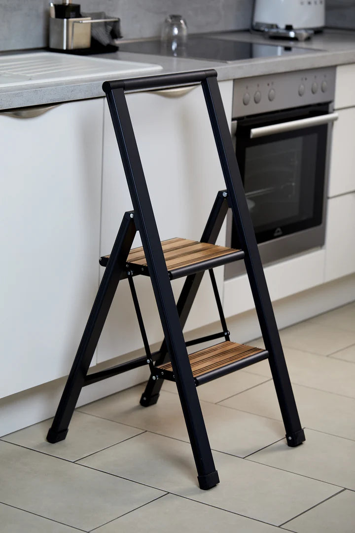 WENKO Premium Folding Aluminum Step Ladder  - 2 Steps - Black