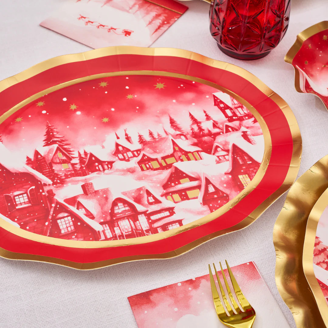 Sophistiplate Wavy Paper Platter Plates – Christmas Village – 8pk