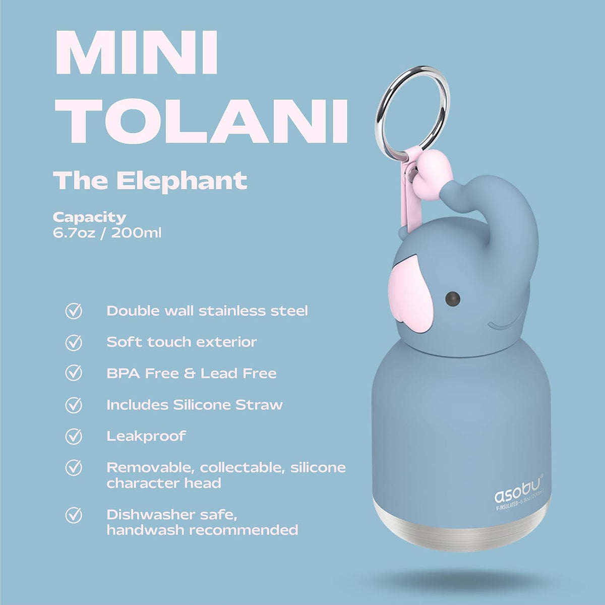 ASOBU Bestie Mini Water Bottle – Elephant – 6.7oz – 3.2" X 5.5"
