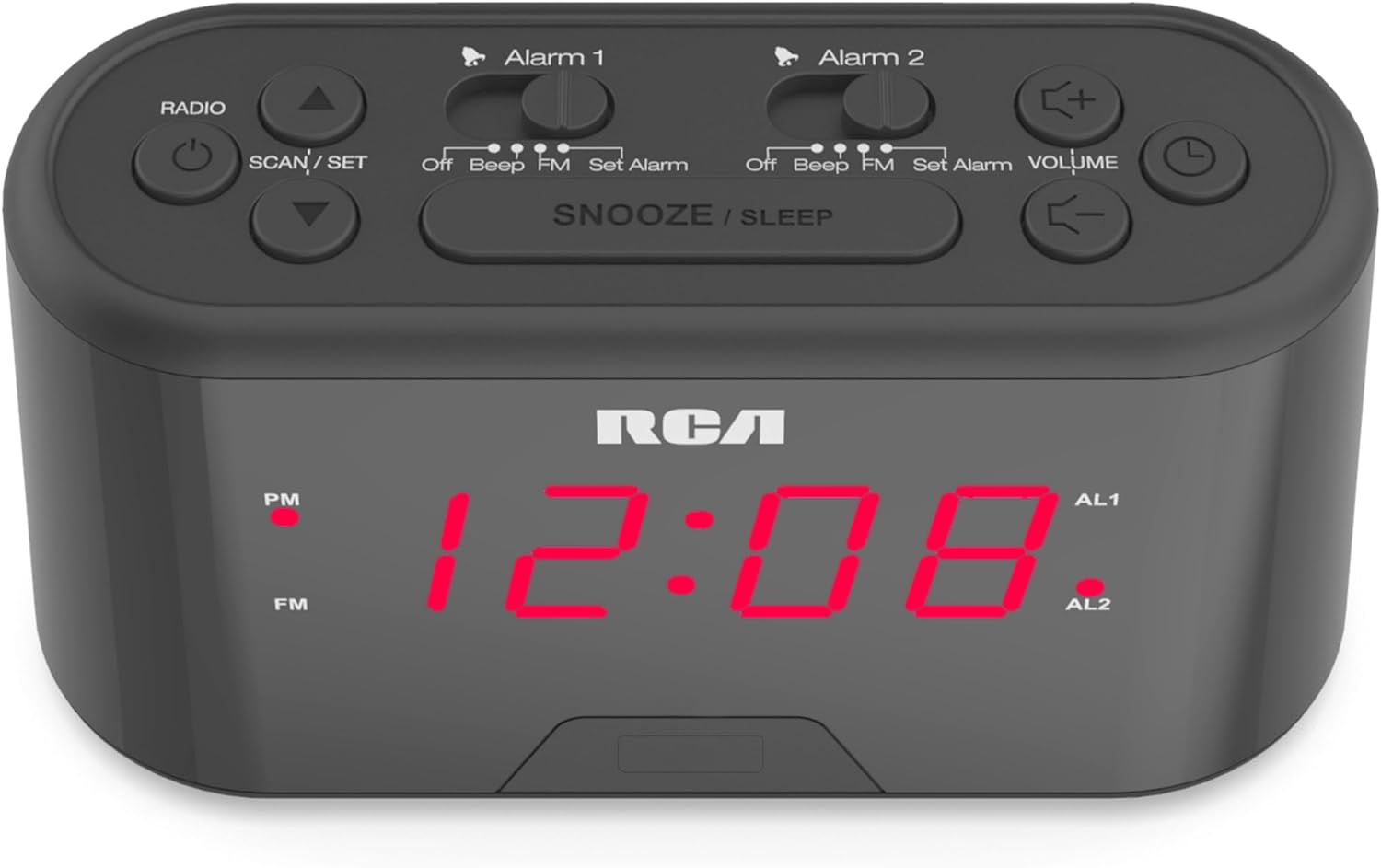 RCA AM/FM Alarm Clock w/Red LED And Dual Wake - Black