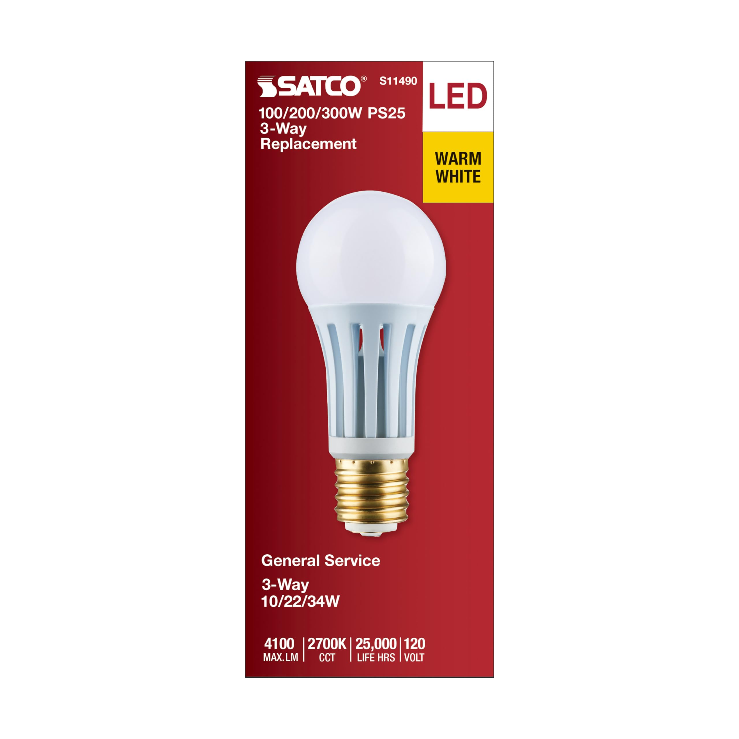 Satco LED 3-Way Frosted PS25 Mogul Bulb – 10/22/34W – 100/200/300 Equivalent – Warm White