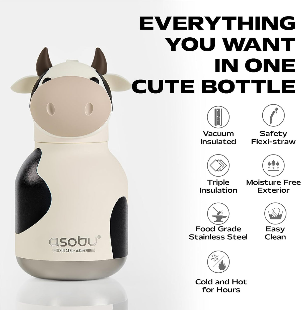 ASOBU Bestie Mini Water Bottle – Cow – 6.7oz – 3.2" X 5.5"