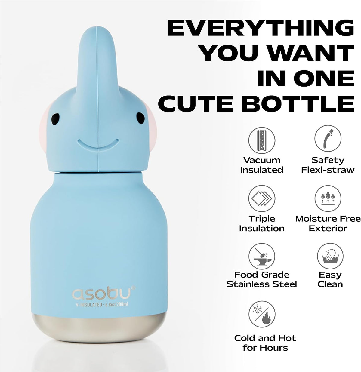 ASOBU Bestie Mini Water Bottle – Elephant – 6.7oz – 3.2" X 5.5"