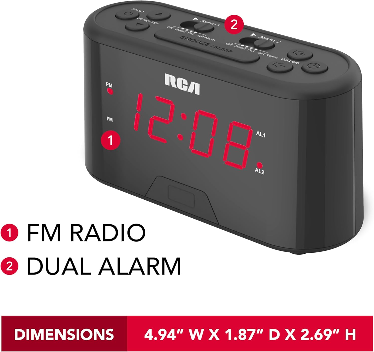 RCA AM/FM Alarm Clock w/Red LED And Dual Wake - Black