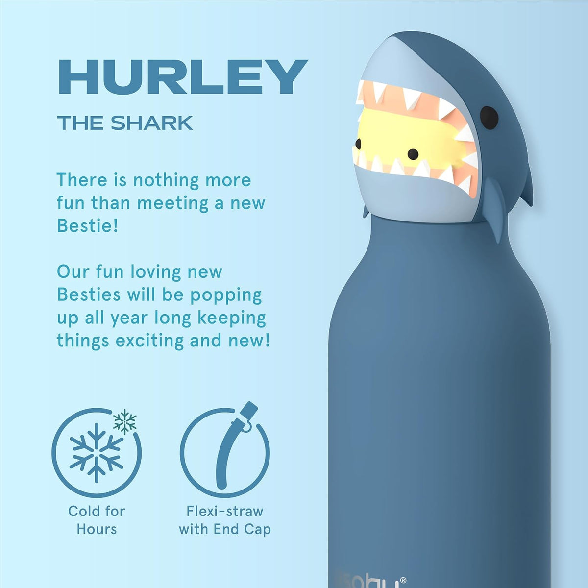 ASOBU Bestie Water Bottle – Shark – 16oz – 3" X 8"