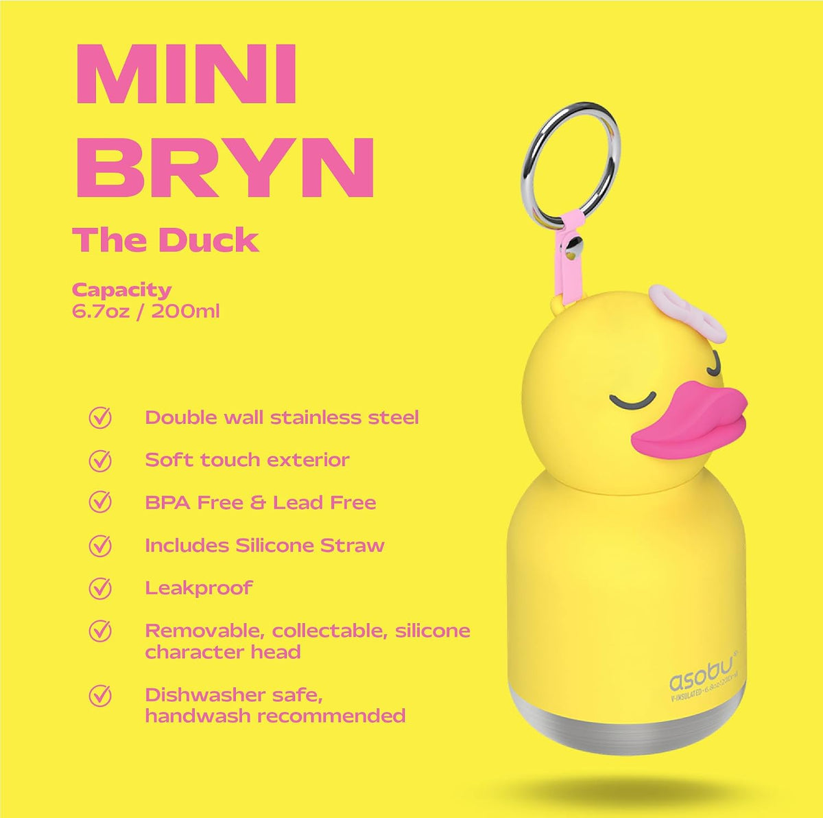 ASOBU Bestie Mini Water Bottle – Ducky – 6.7oz – 3.2" X 5.5"