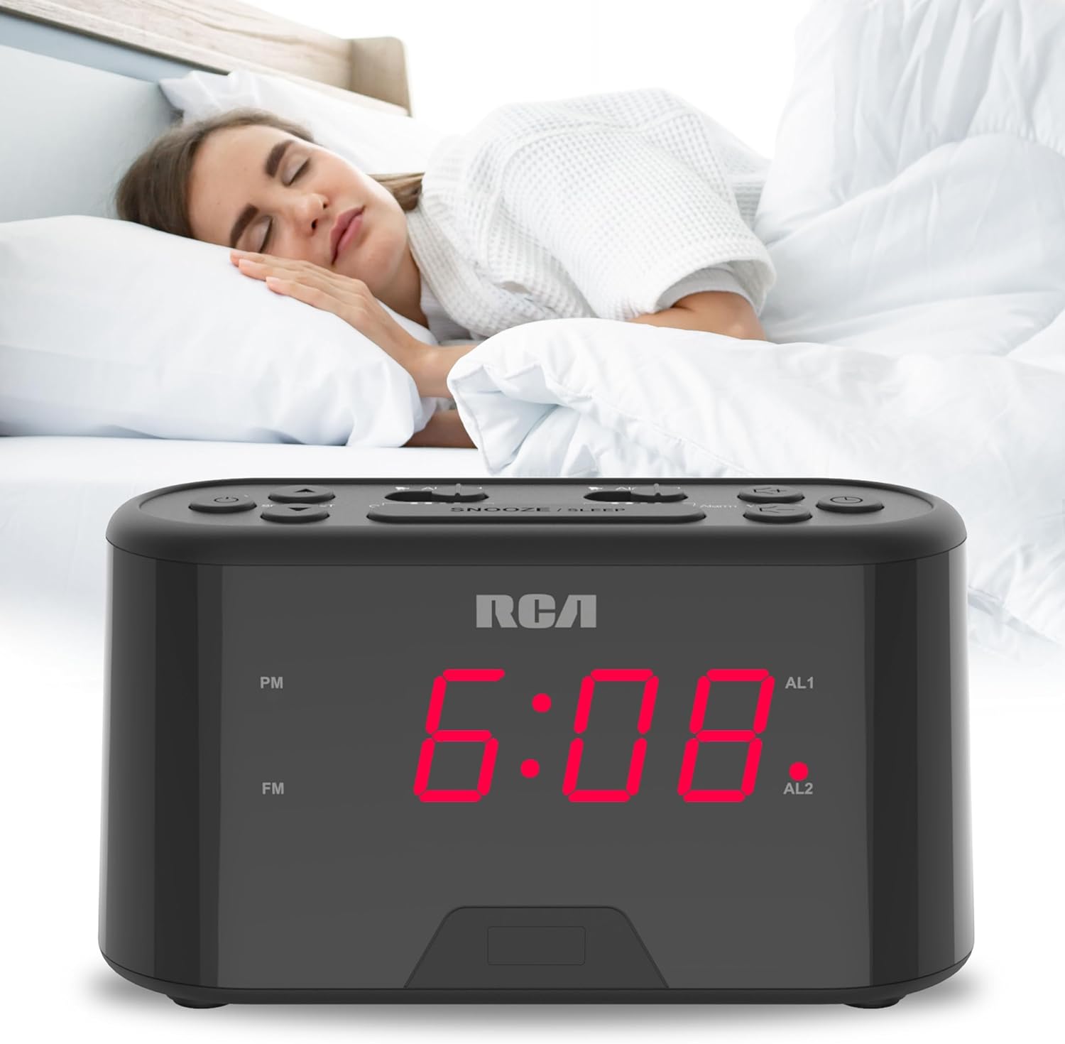 RCA AM/FM Alarm Clock Radio w/Red LED And Dual Wake - Black