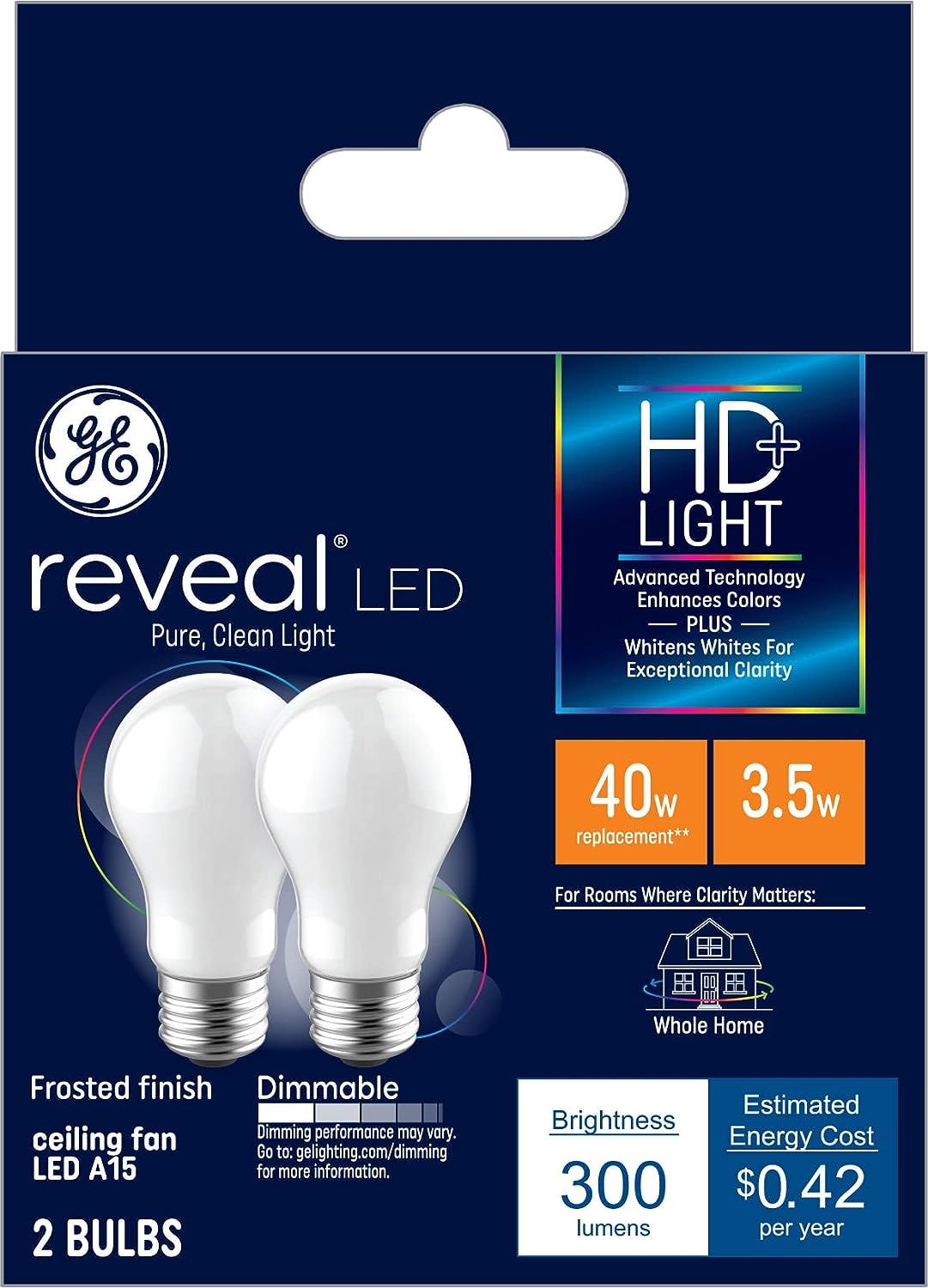 LED A15 Reveal Appliance Light Bulbs – White Frosted – 300 Lumens – 4.5 Watt 40W Equivalent – 2-Pk.