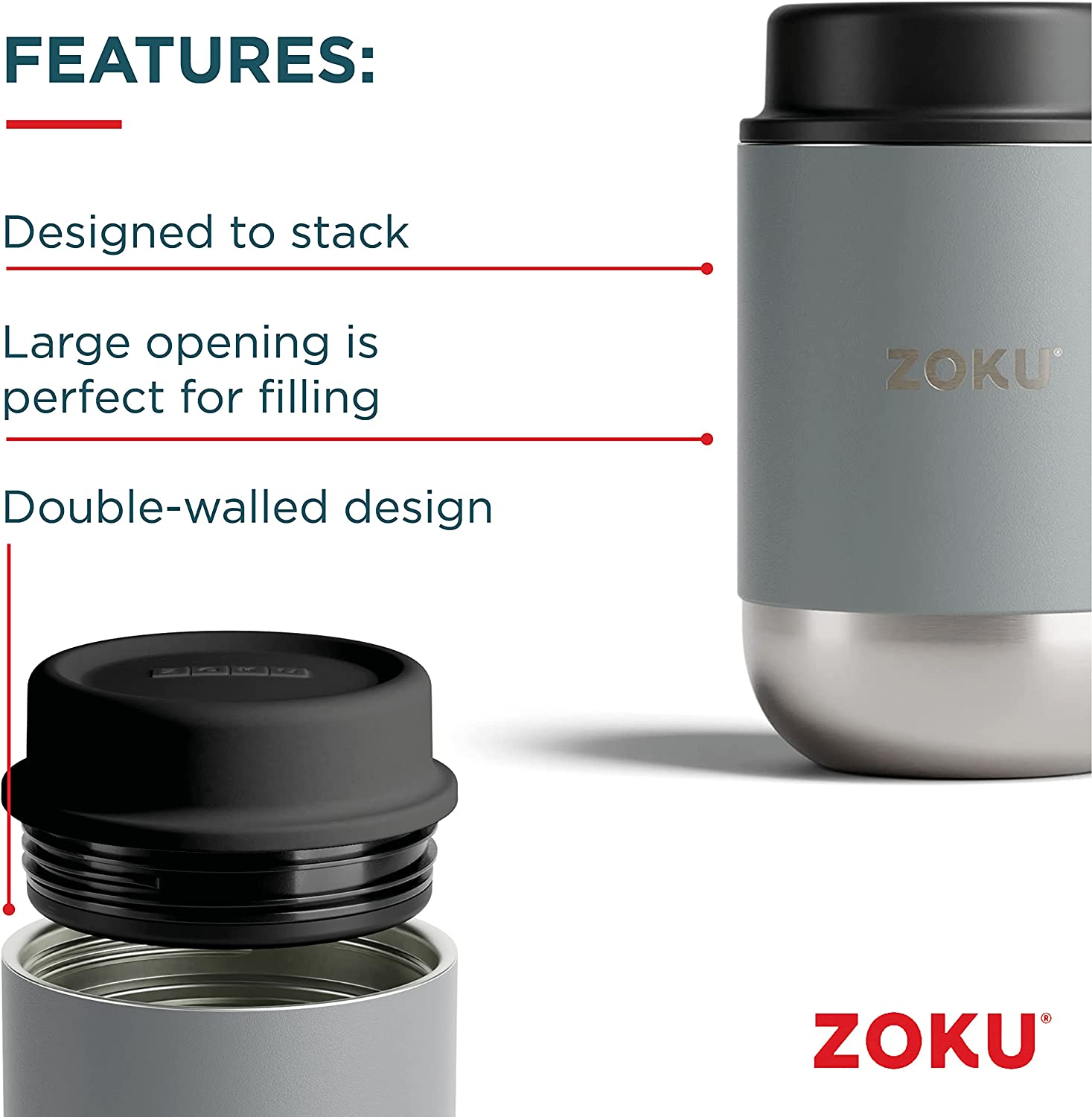 Zoku Neat Stack Wide Mouth Insulated Food Jar – Silver – 16oz