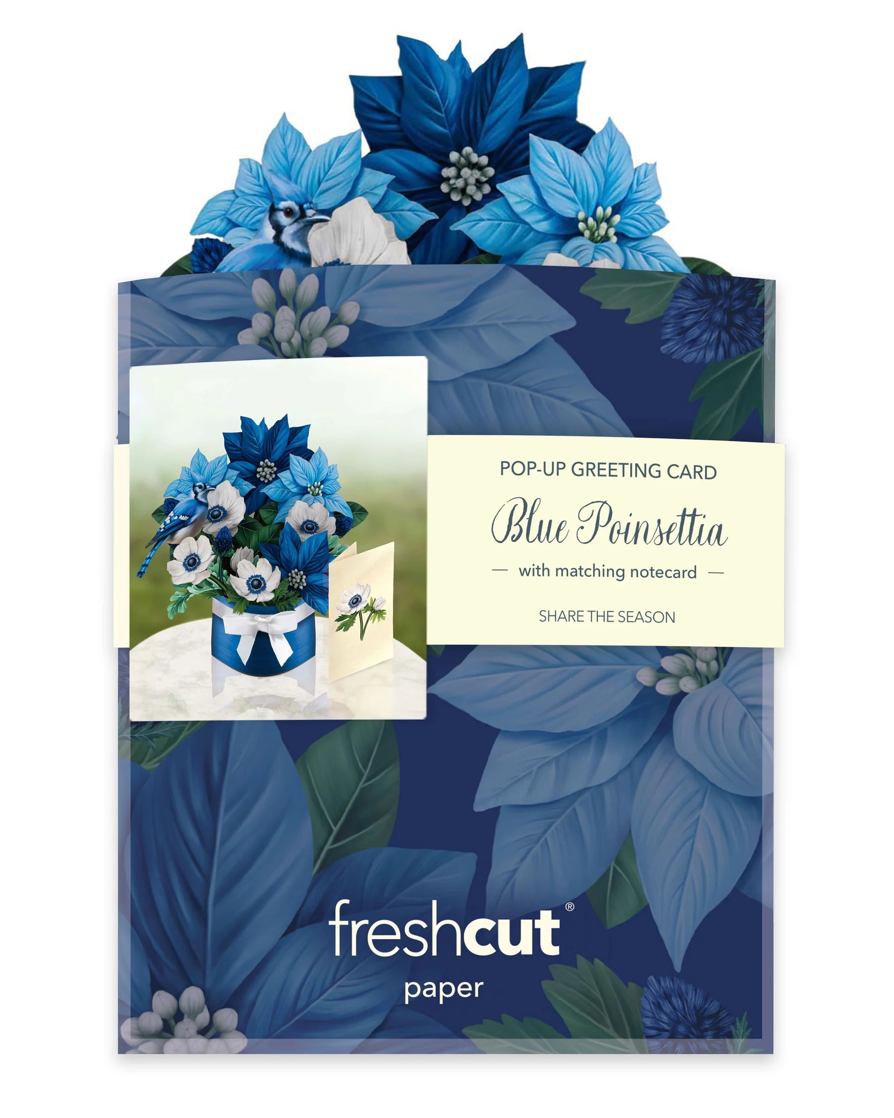 Fresh Cut Paper 3D Pop Up Flower Greeting Note Card – Blue Poinsettia – 6" x 5"