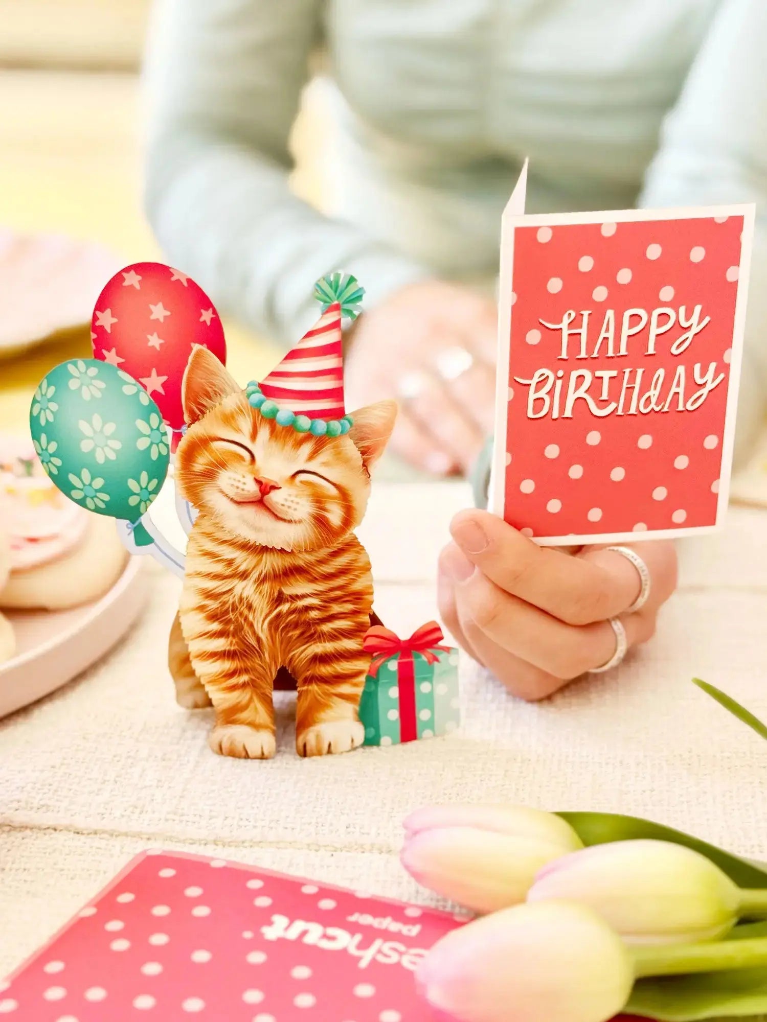 Fresh Cut Paper 3D Pop Up Greeting Note Card – Birthday Kitten – 5.5" x 4.5"