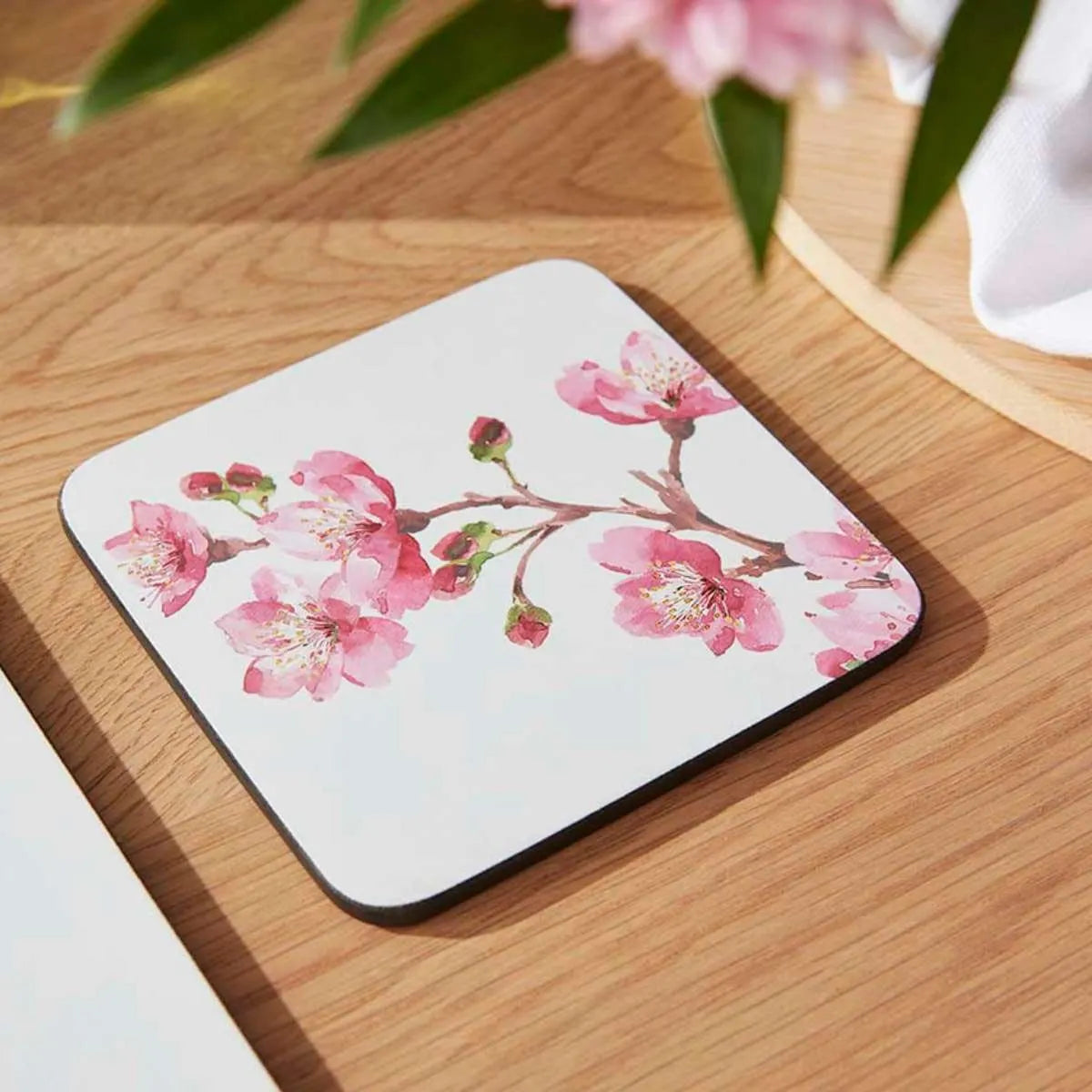 Portmeirmion Square Corkback Coasters – Pink Blossom – Set of 6