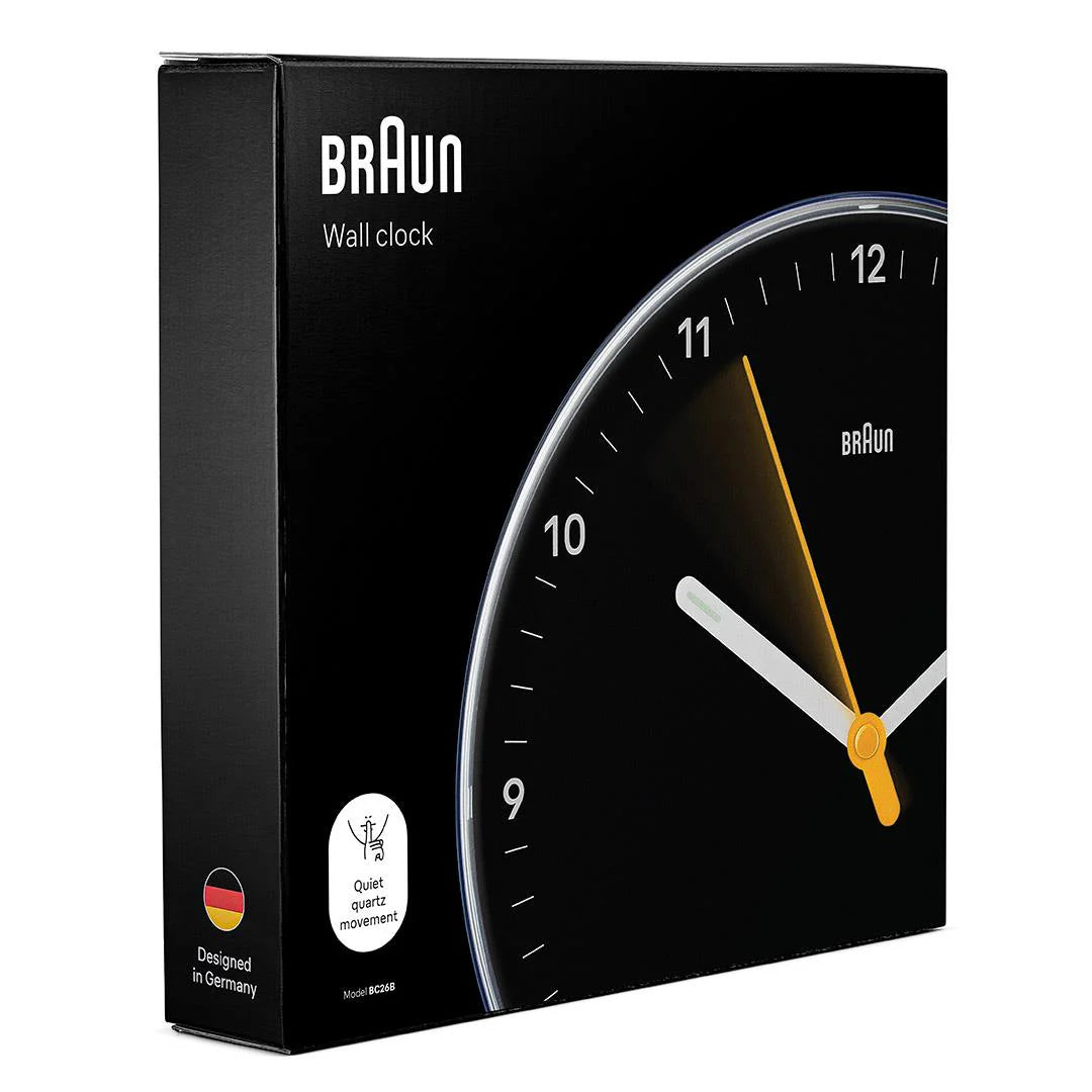 Braun Analogue Wall Clock BC26 With Silent Sweeping Quartz Movement – Black- 9"