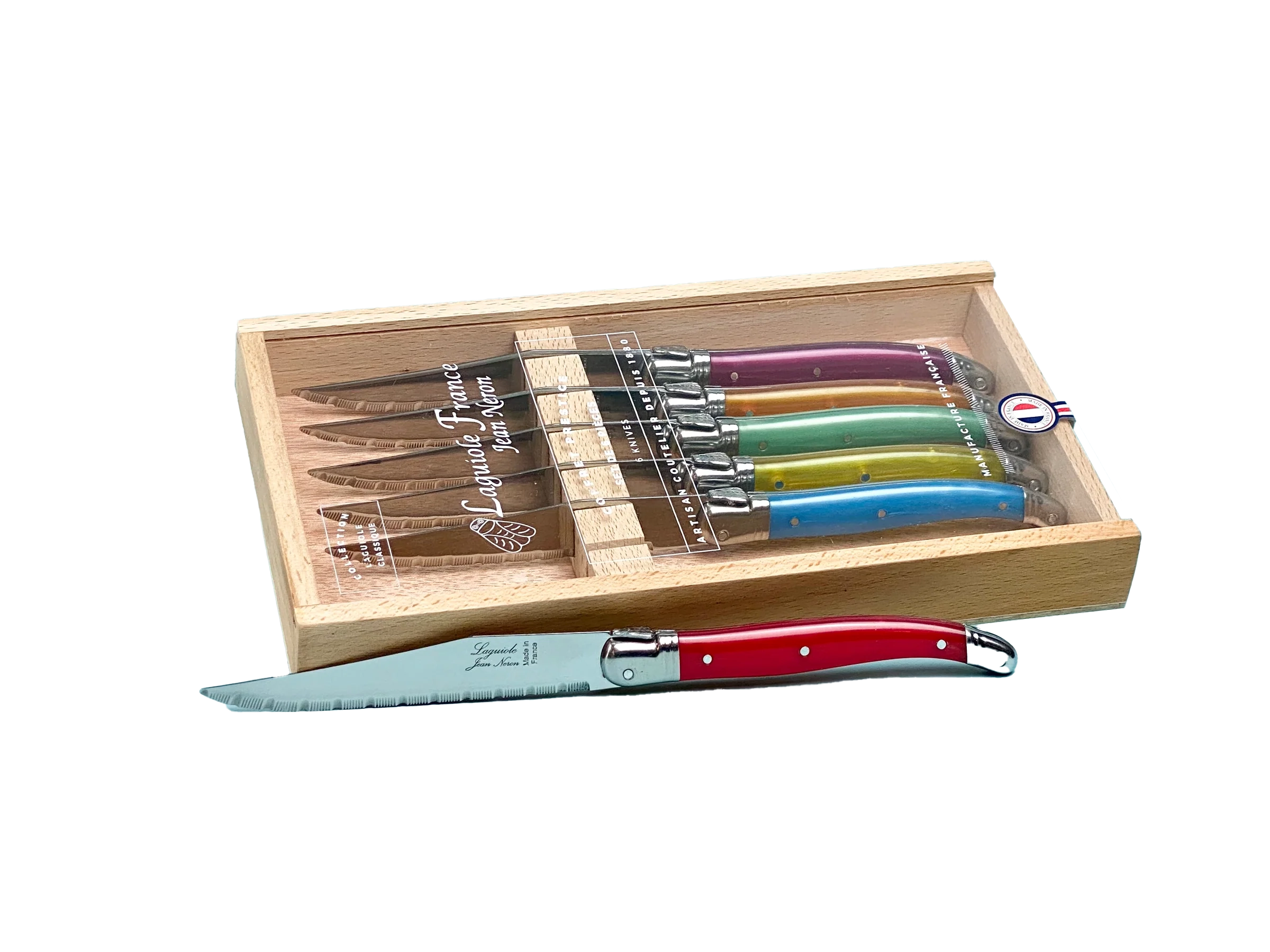 Laguiole Rainbow Stainless Steel Knives In Wooden Presentation Box – Set of 6