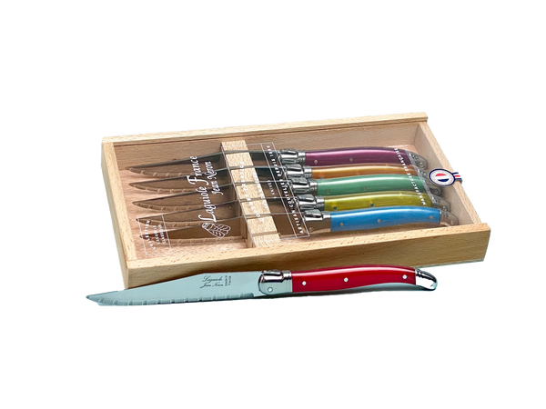 Laguiole Rainbow Stainless Steel Knives In Wooden Presentation Box – Set of 6