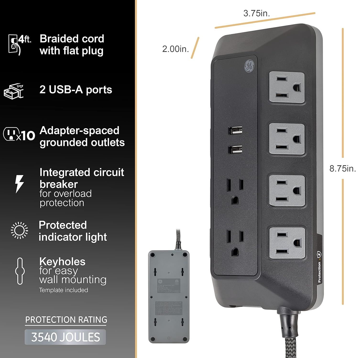 GE Surge Protector Power Strip – 10 Outlets – 2 USB – 4 Ft. Cord