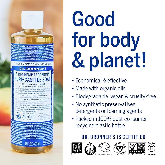 Dr. Bronner's Pure Castile Concentrated Liquid Soap – Peppermint – 16oz.