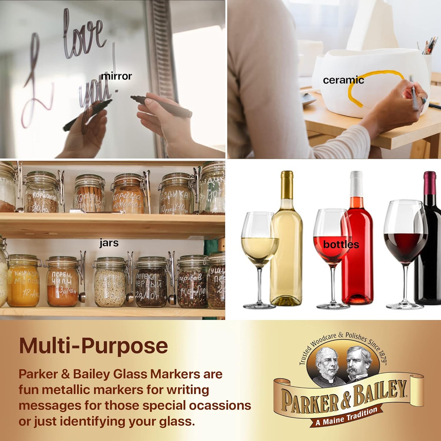 Parker & Bailey Washable Glass Markers - Metallic Washable Wine Markers for Window Mirror Ceramics Drink Glasses Bottles