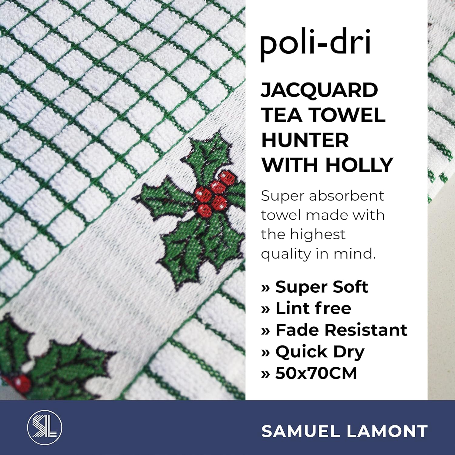 Samuel Lamont Poli Dri 100% Cotton Dish Towel – Holly Leaves – 2pk