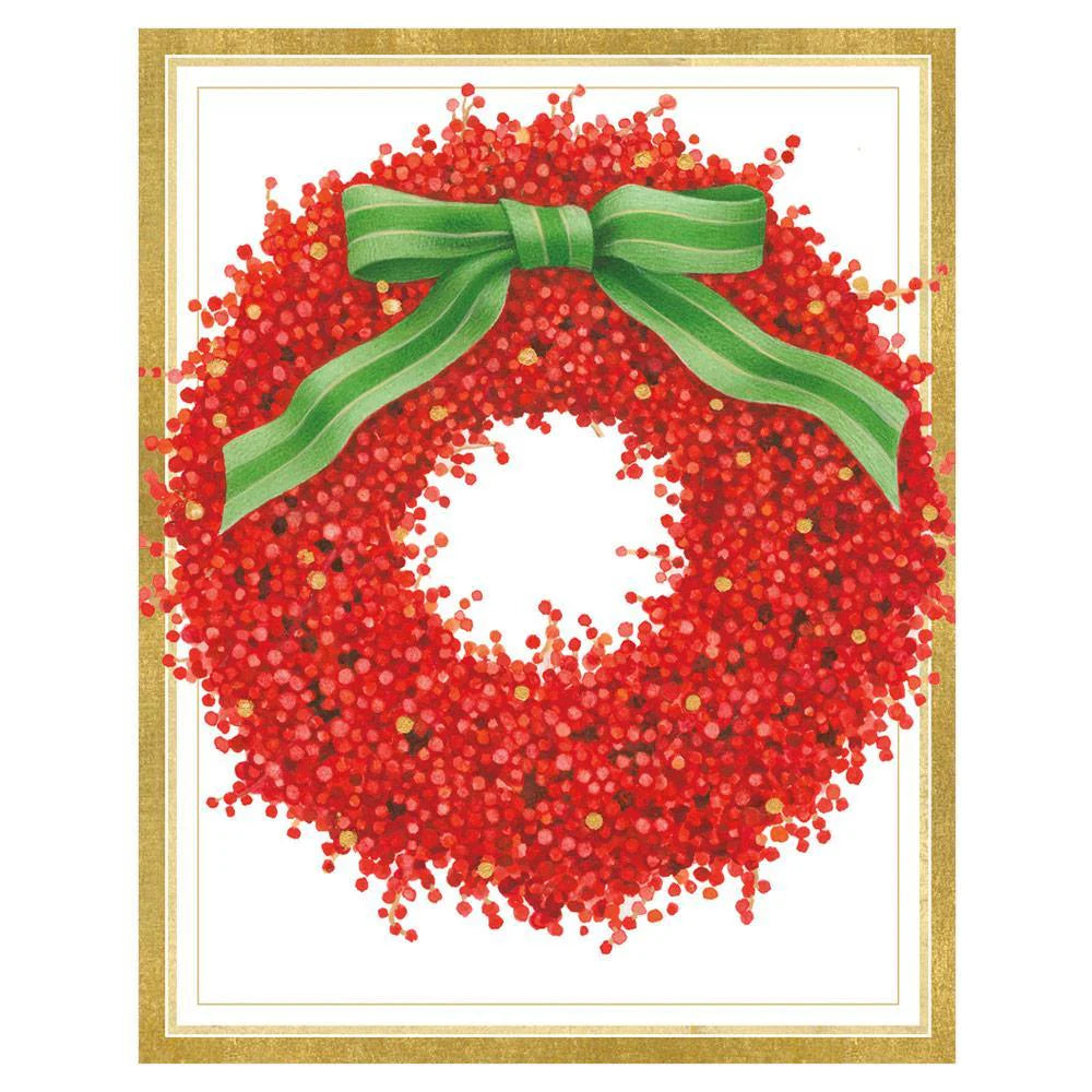 Caspari Red Berry Wreath Boxed Christmas Cards – 15 Cards/Envelopes