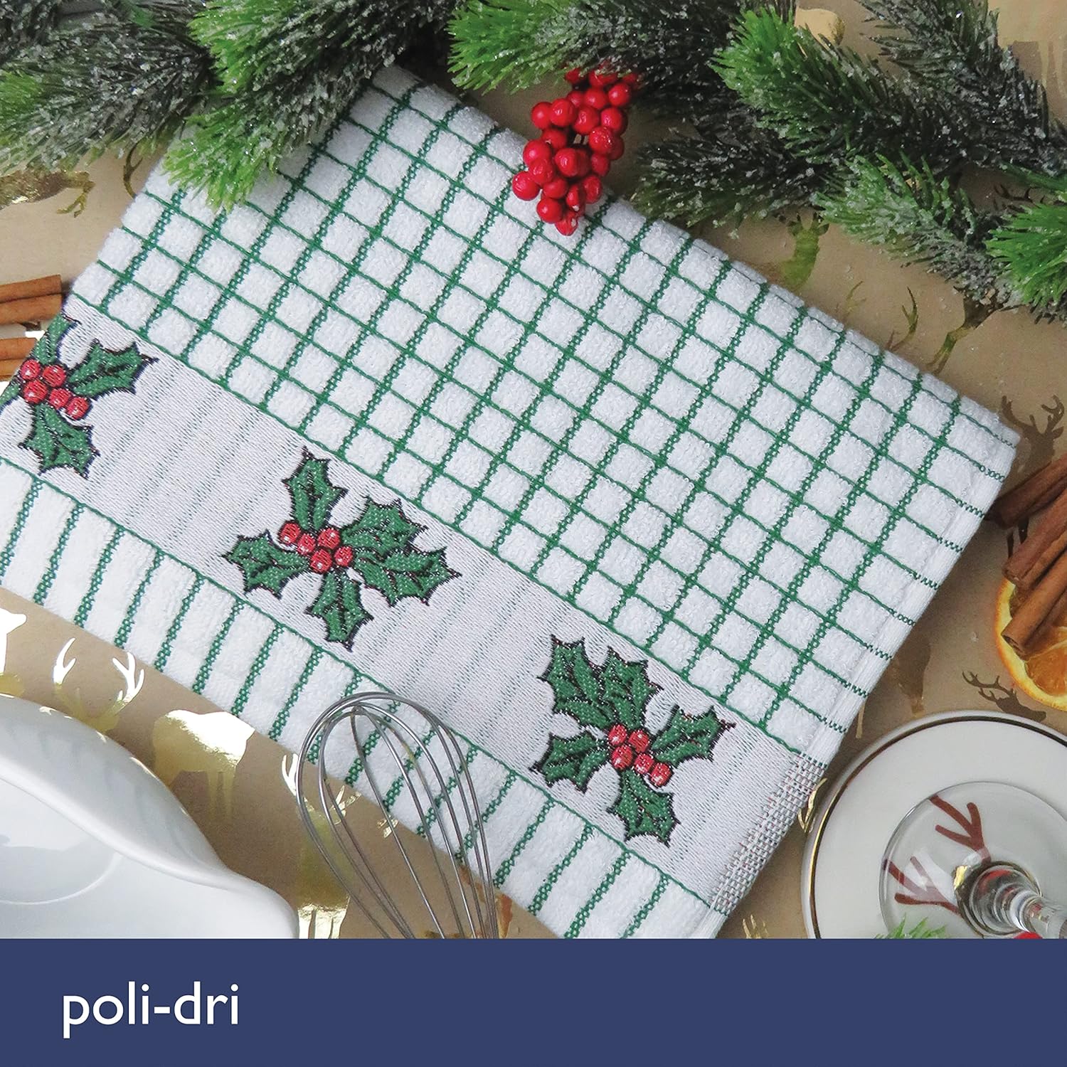 Samuel Lamont Poli Dri 100% Cotton Dish Towel – Holly Leaves – 2pk