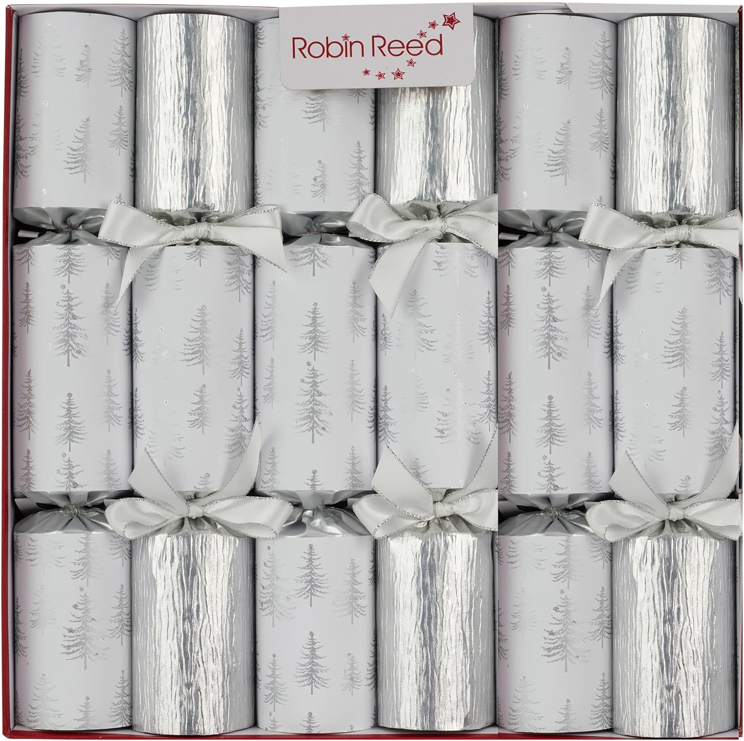 Robin Reed Silver Pine Trees Handmade Christmas Crackers – 6 Pack