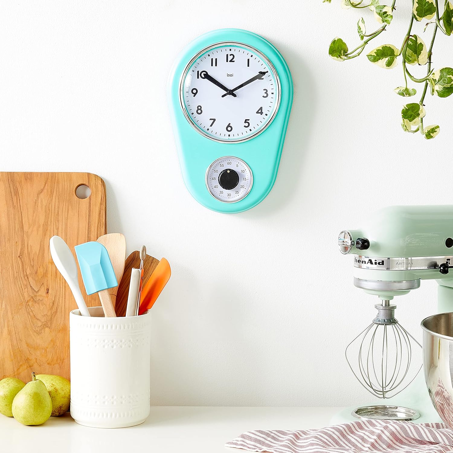 Bai Retro Kitchen Timer Wall Clock – 8" x 12" – Turquoise