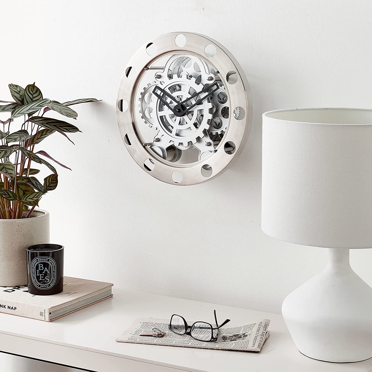 Kikkerland Gear Wall Clock – Nickel/White - 14