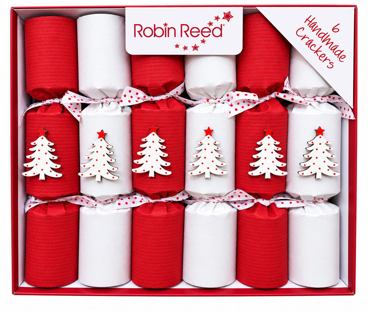Robin Reed Christmas Party Crackers – Ribbon & White Pine Tree – 6 Pack