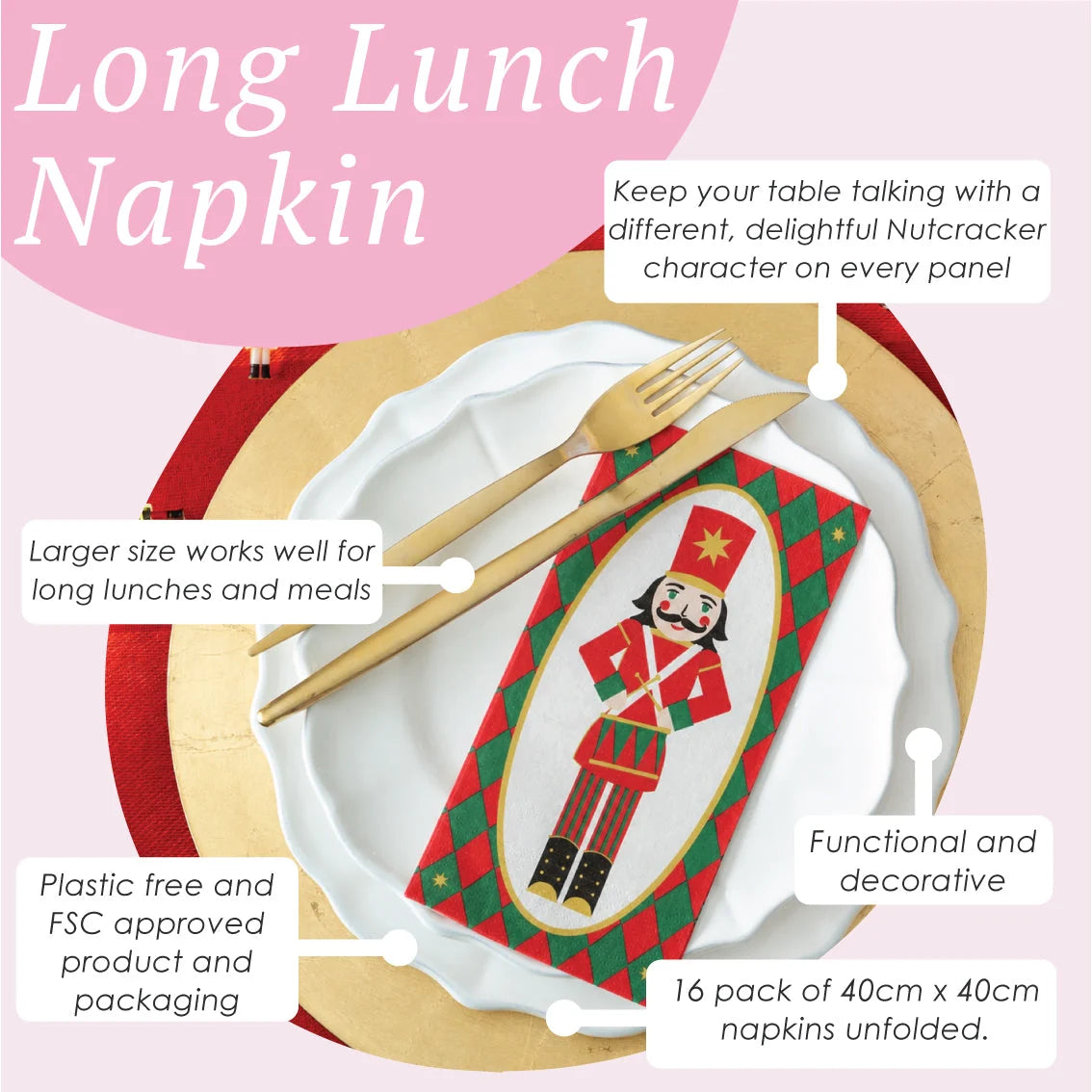 Talking Tables Long Lunch Paper Napkins - Nutcracker – 16 Pack