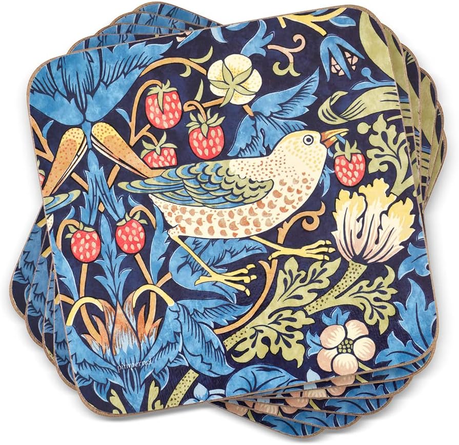 Portmeirmion Square Corkback Coasters – Strawberry Thief - Blue – Set of 6
