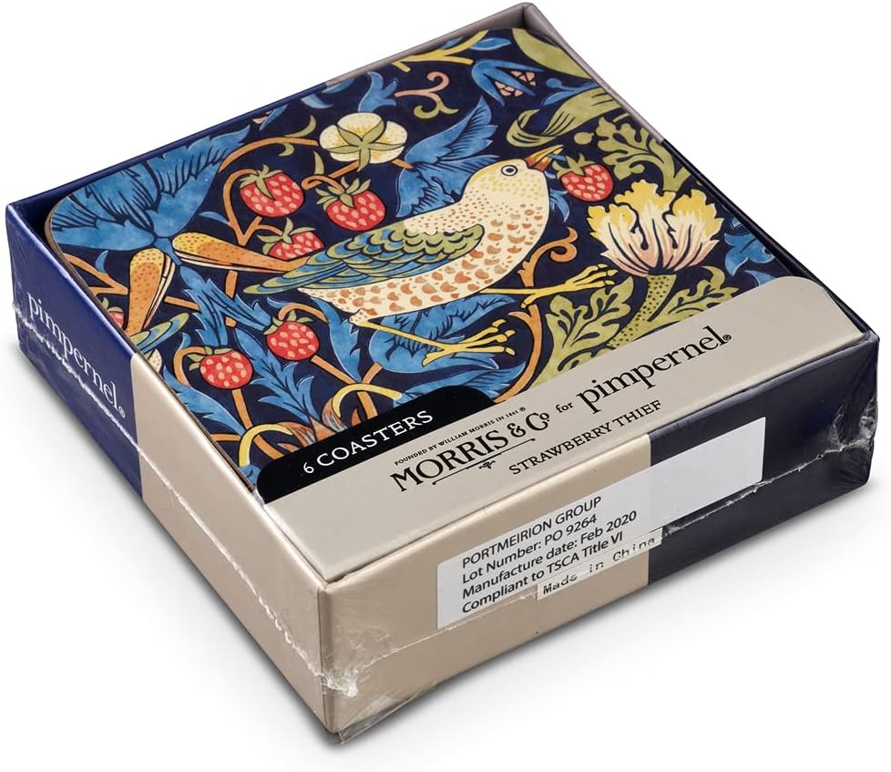 Portmeirmion Square Corkback Coasters – Strawberry Thief - Blue – Set of 6