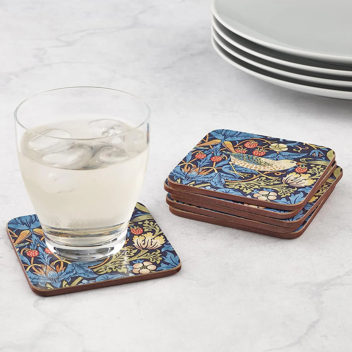 Portmeirmion Square Corkback Coasters – Strawberry Thief - Blue – Set of 6