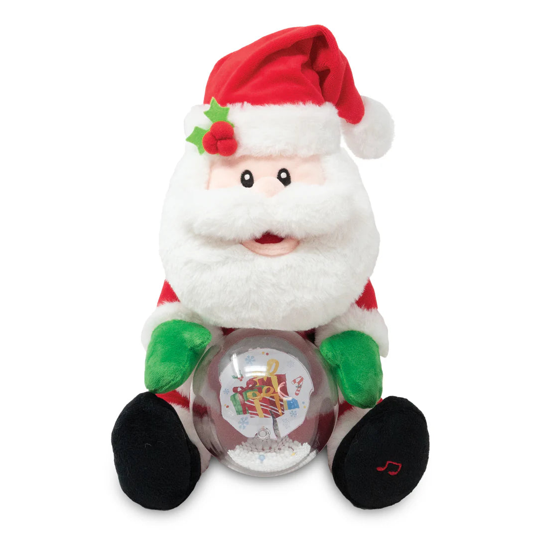 Animated Light Up Snowglobe Santa – Singing Here Comes Santa Plush Toy – 11"