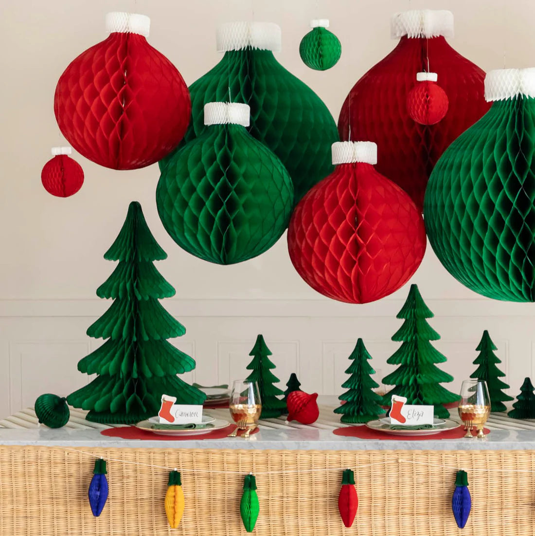 Honeycomb Red Paper Christmas Ornaments - Small – Set of 3