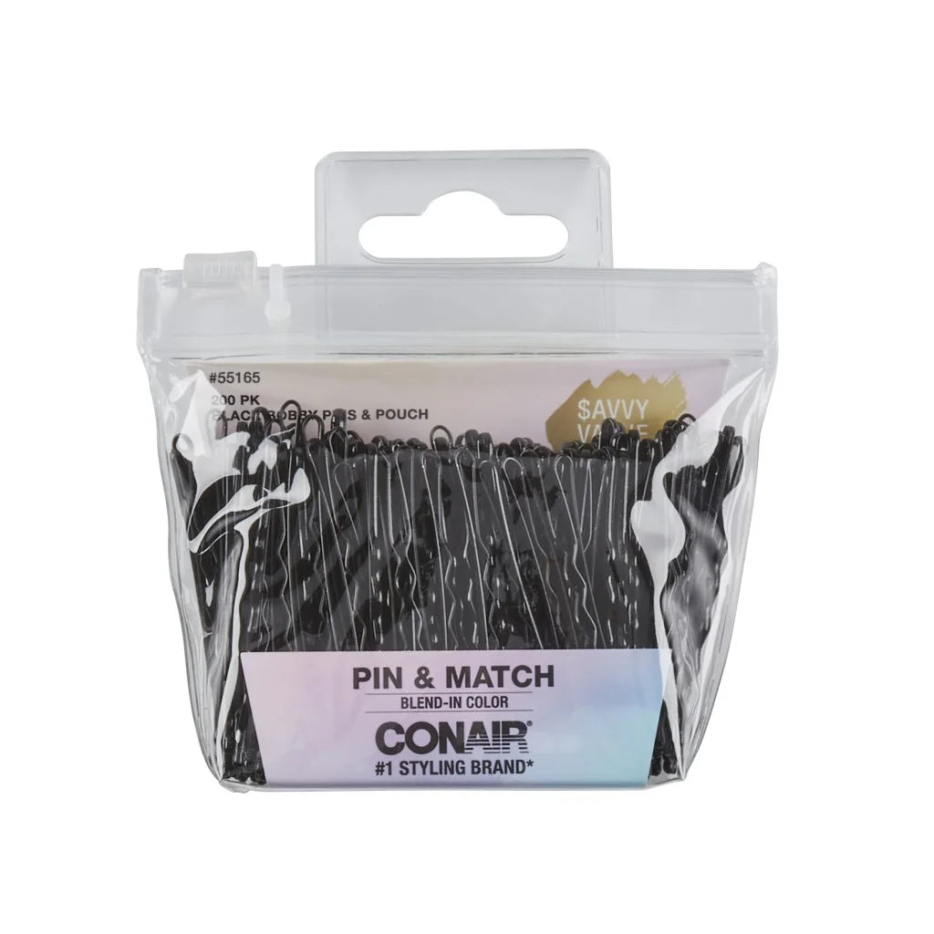 Conair Bobby Pins With Pouch – Black – 200 Ct