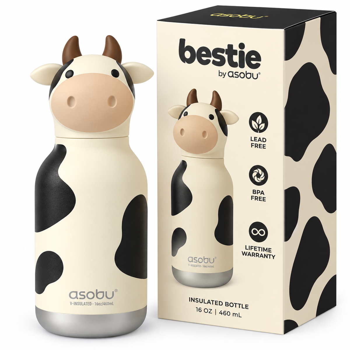 ASOBU Bestie Mini Water Bottle – Cow – 6.7oz – 3.2" X 5.5"