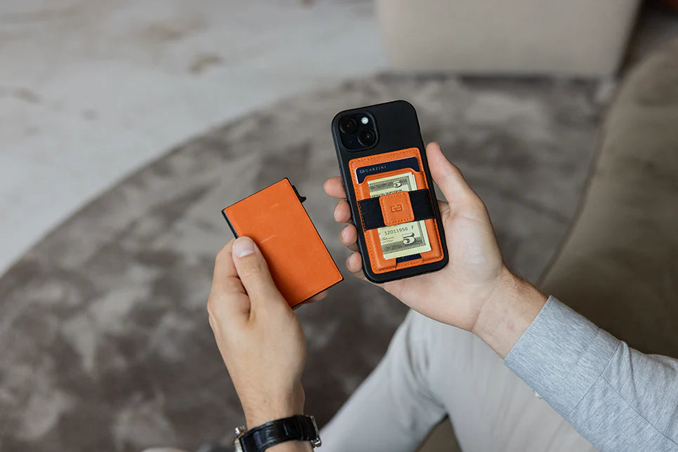 Garzini Cartera de piel y tarjetero de metal Magsafe de doble funcionalidad – Naranja