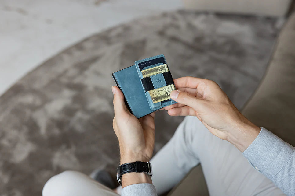 Garzini Magsafe Dual Functionality Leather Wallet & Metal Card Holder – Blue