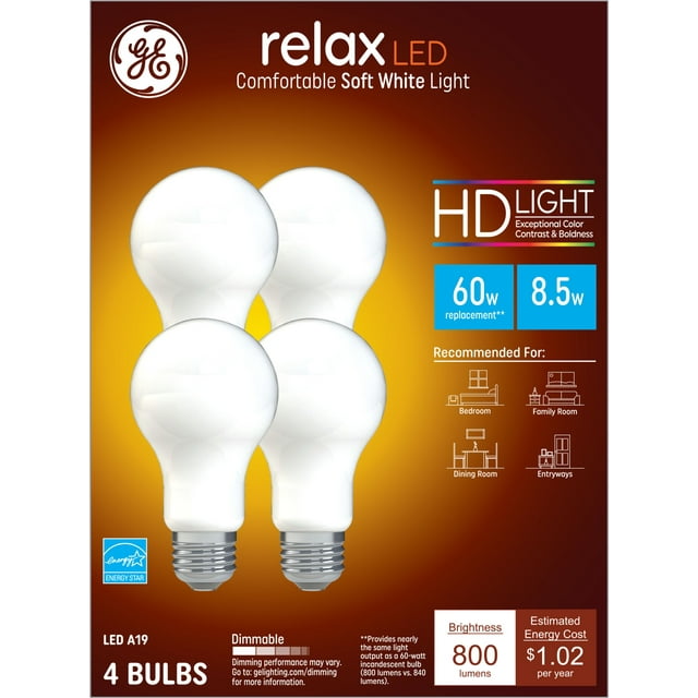 GE Relax HD LED A19 Classic Style Soft White Light Bulbs - 60W Equivalent Using 8.5W - Pack of 4