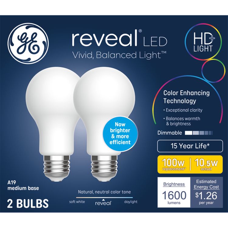 Bombillas LED GE Reveal HD+ de reemplazo de 100W, uso general A21 - Paquete de 2