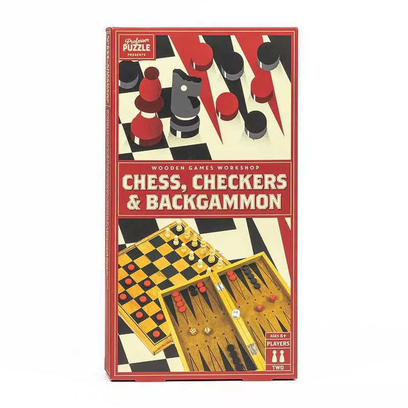 Professor Puzzle – Chess + Checkers + Backgammon Classic Wooden Family Board Games
