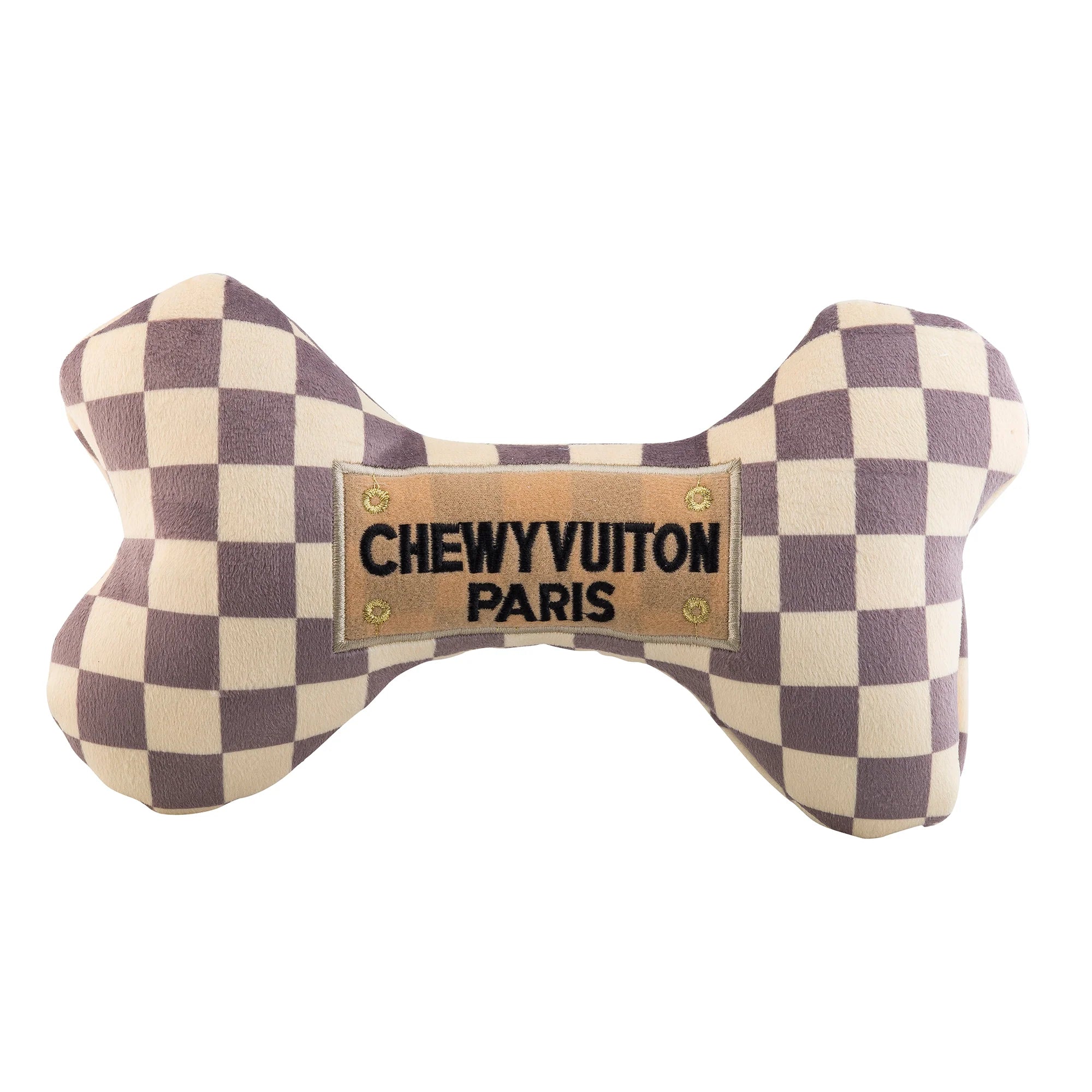 Designer Inspired Plush Dog Toy – Checker Chewy Vuiton – Bone