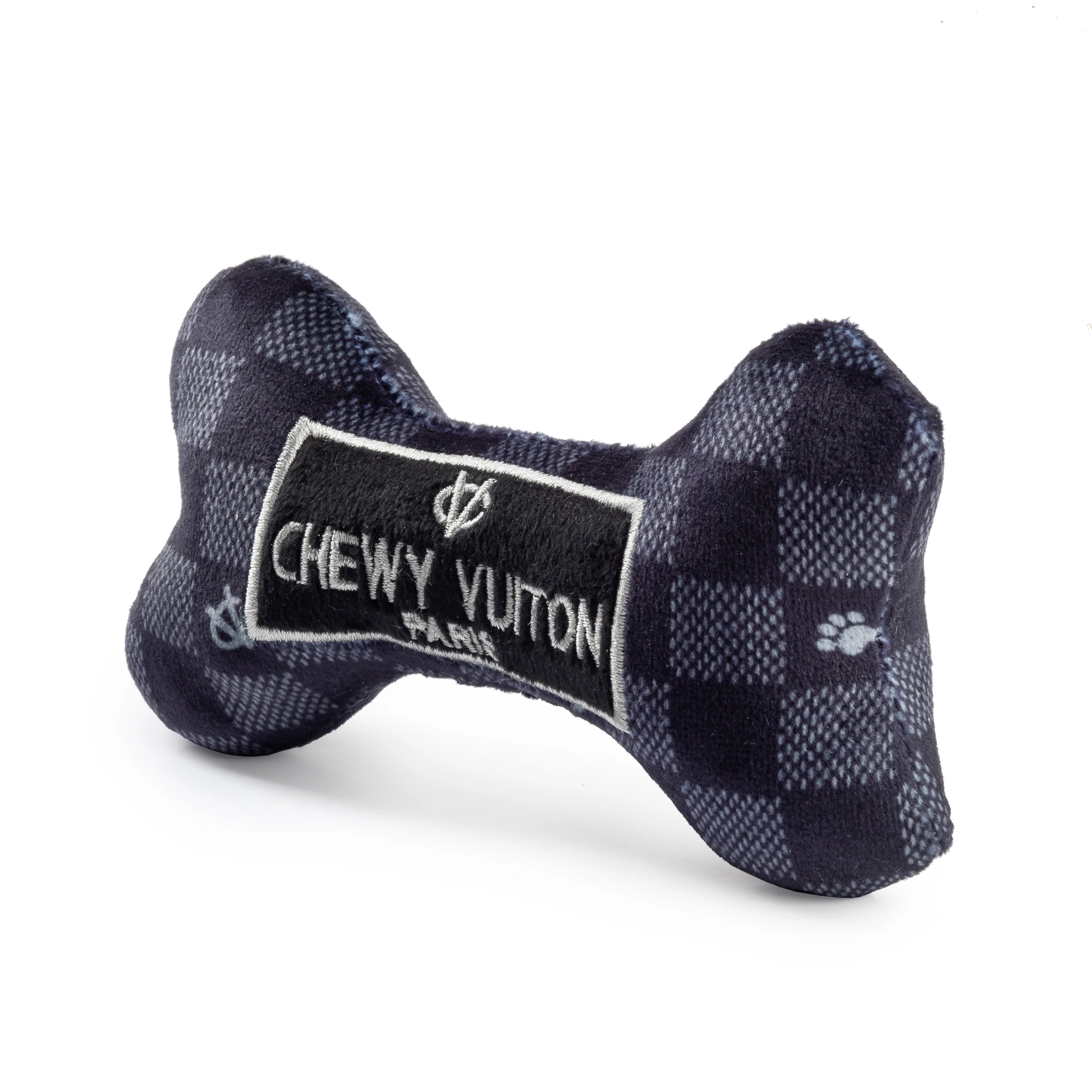 Designer Inspired Plush Dog Toy – Checker Chewy Vuiton Bone – Black