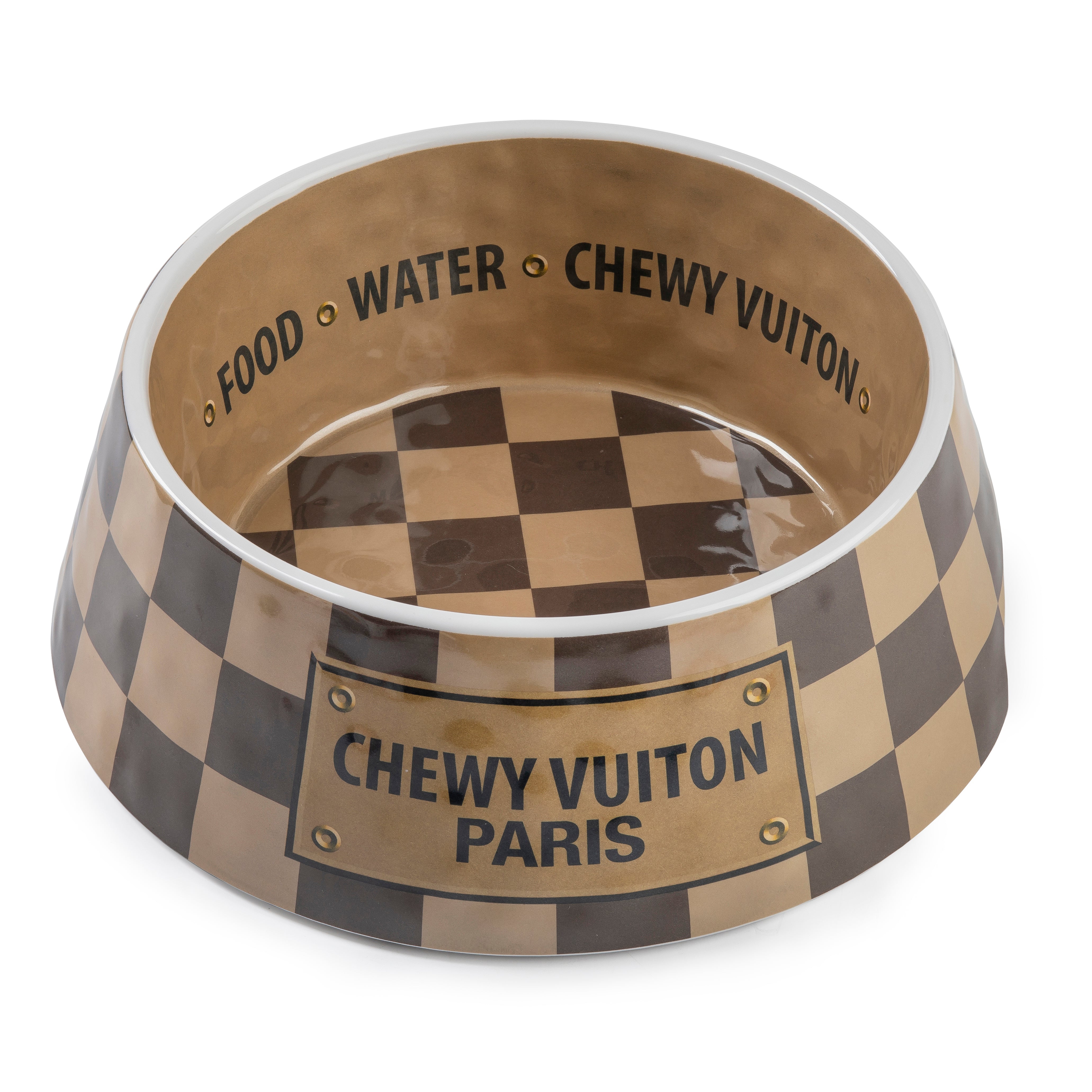 Designer Inspired Pampered Pooch Checker Chewy Vuiton Bowl - Medium