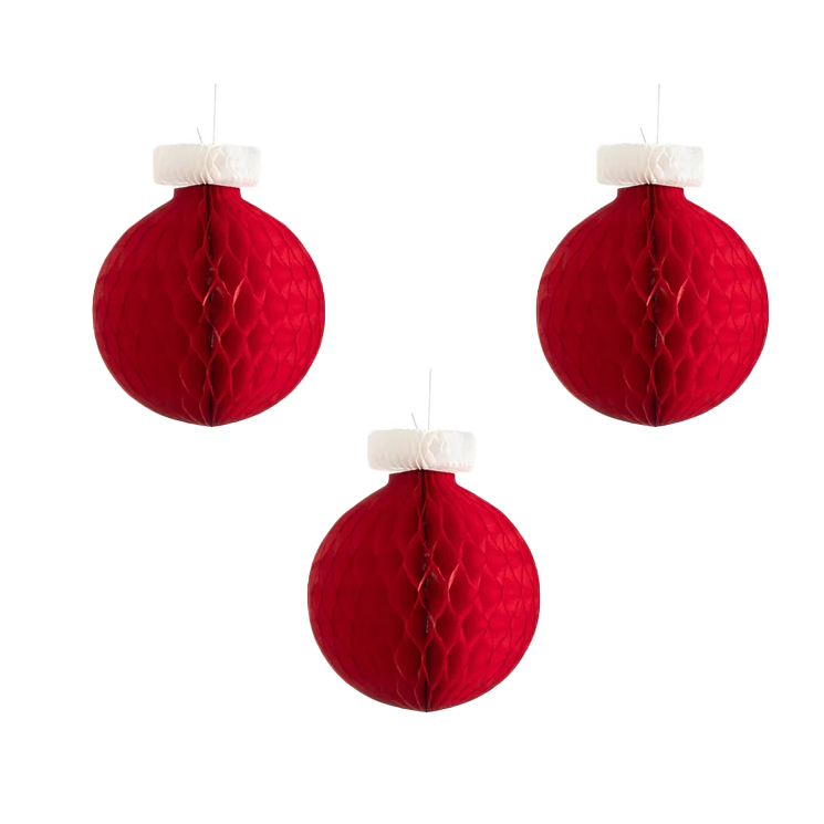 Honeycomb Red Paper Christmas Ornaments - Small – Set of 3