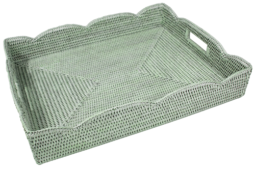Caspari Rattan Scalloped Large Tray – Green – 20" x 16" x 3.5"