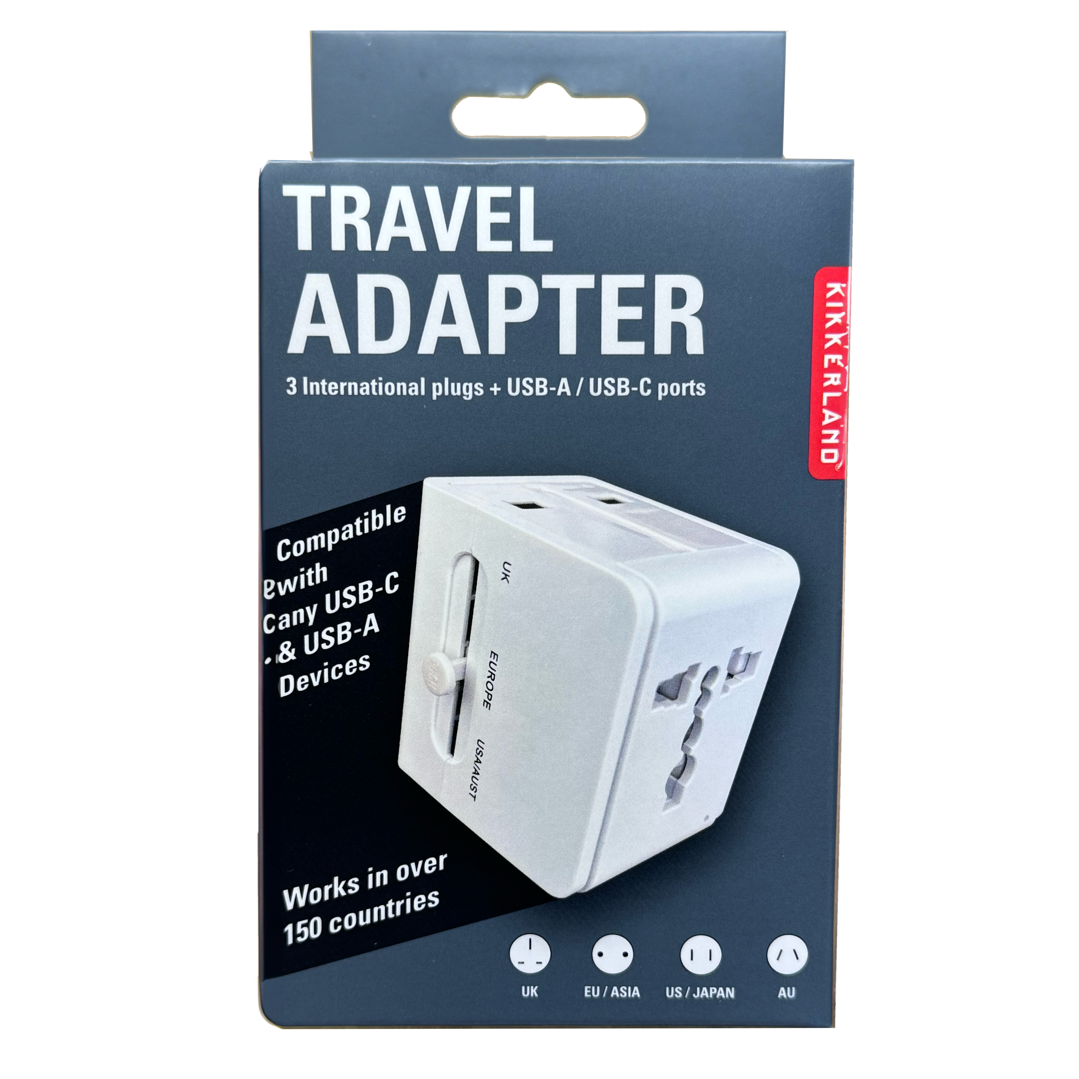 Kikkerland Travel Adapter With 3 International Plugs + USB-A/USB-C Ports