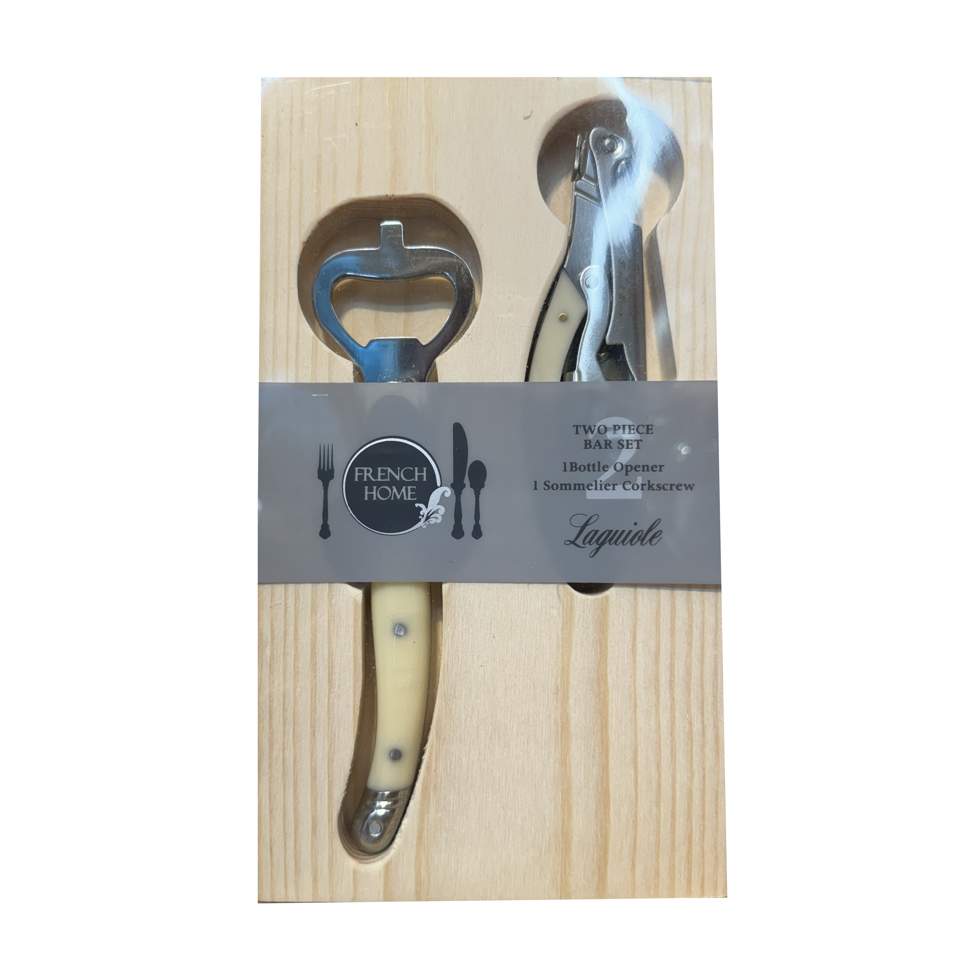 French Home Laguiole Barware Bottle Opener & Corkscrew Set with Faux Ivory Handles in Wood Gift Box