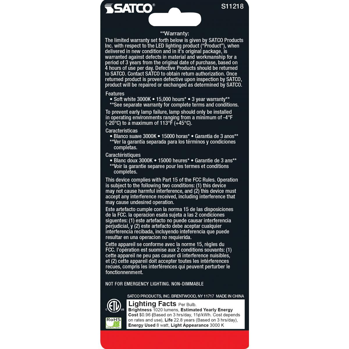 Satco LED T10 Frosted Tubular Light Bulb – 8W – 75W Equivalent – E26 Base – Warm White – 3000K